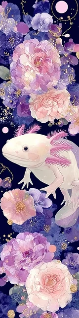 Free printable axolotl bookmark featuring purple with pink axolotl
